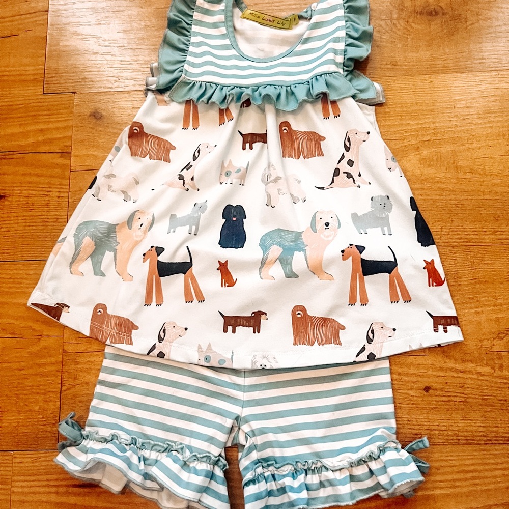 Millie Loves Lily 3T matching summer set in “dog park” blue print